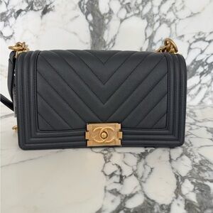 Chanel Dark Grey Chevron caviar Gold hardware new full set